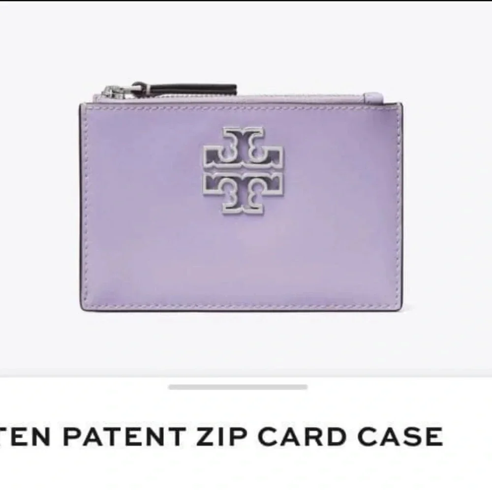 Tory Burch Britten Patent Zip Card Case Mini Wallet Lavender Silver Light Purple